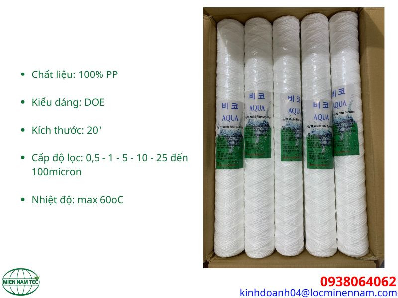 Thông số kỹ thuật của lõi lọc sợi quấn 20 inch - 10 micron (AQUA)