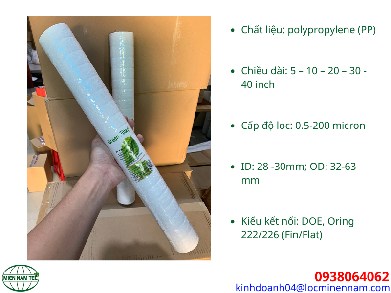 Thông số của lõi lọc bông nén Green Filter 20 inch (PP)