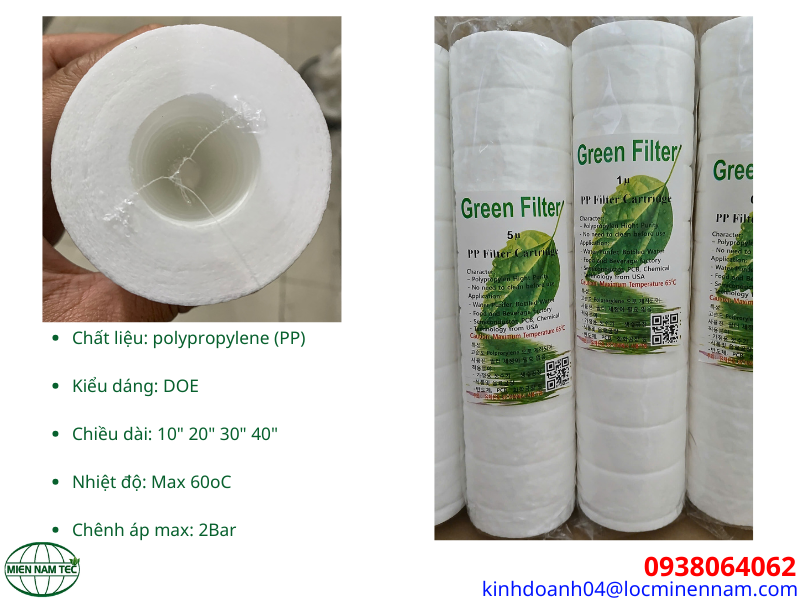 Thông số kỹ thuật của lõi nén Green Fillter 10 inch (PP)