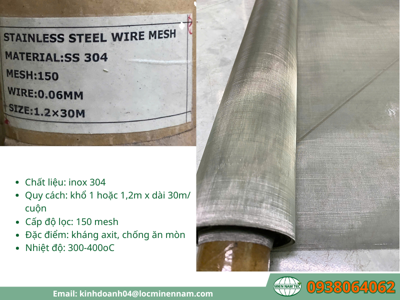 Thông số vật lý của lưới inox 304 150 mesh