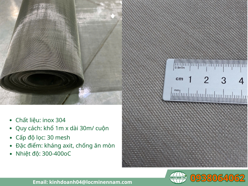 Thông số kỹ thuật của lưới inox 304 30 mesh